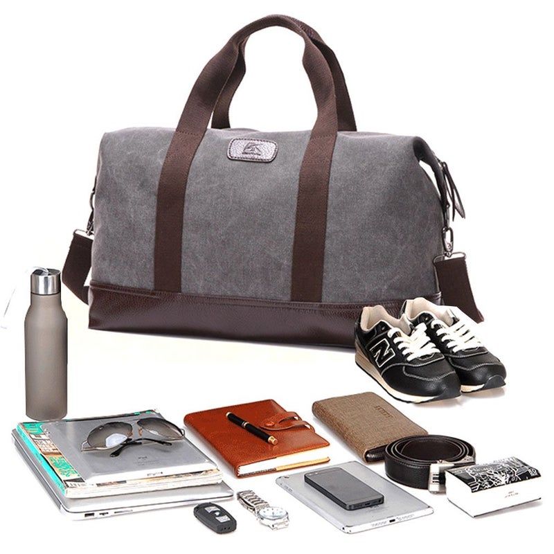 Sunshinejing Travel Duffle Bag Canvas Leather Gym Weekend Bag (Grey) - Image 3